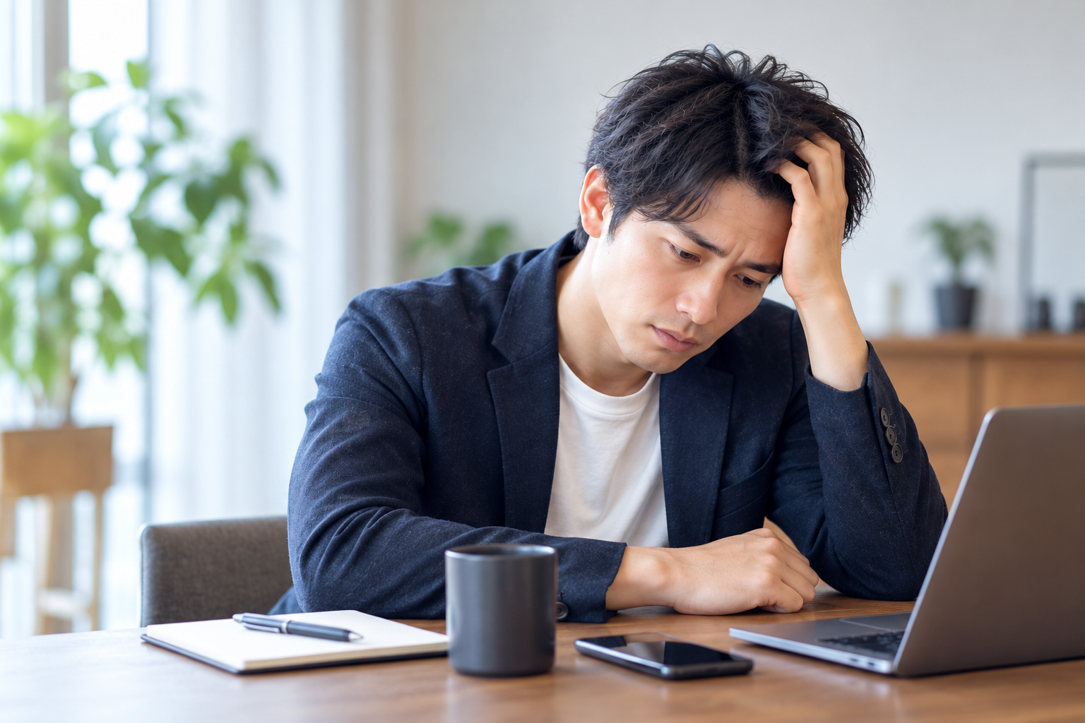 婚活で求められるさまざまな条件について考え、パソコンを前に頭を抱えて悩む男性