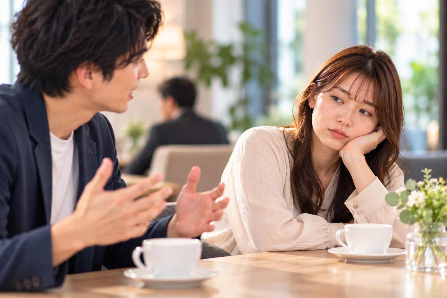 お見合いで男性ばかりが話し、女性が会話に参加できていない様子