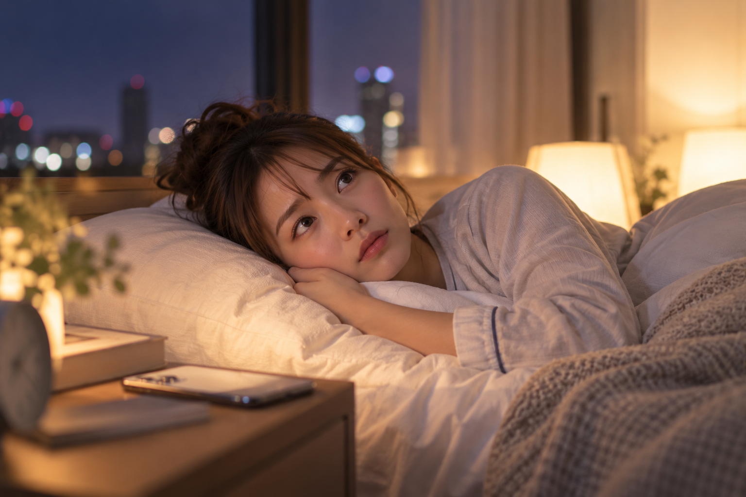夜の寝室でベッドに横になり、恋愛や婚活への不安から眠れずに考え込む女性。静かな夜になるとネガティブな感情が強くなる様子を表現した写真風画像。