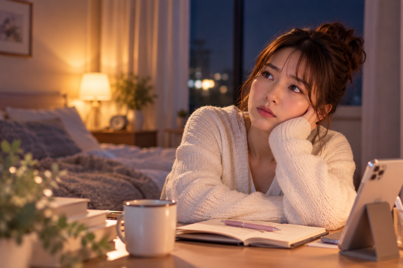 夜の自室でスマートフォンを気にしながら、交際相手からのLINEの返信について考え込む女性。返信が遅いことへの不安や、相手の気持ちを気にする様子を表現した写真風画像。