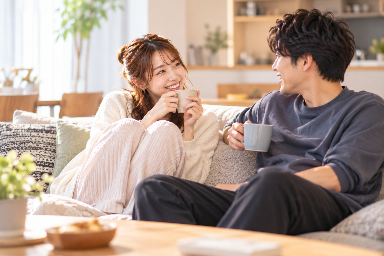 結婚後の自宅で自然体にくつろぎながら過ごす夫婦