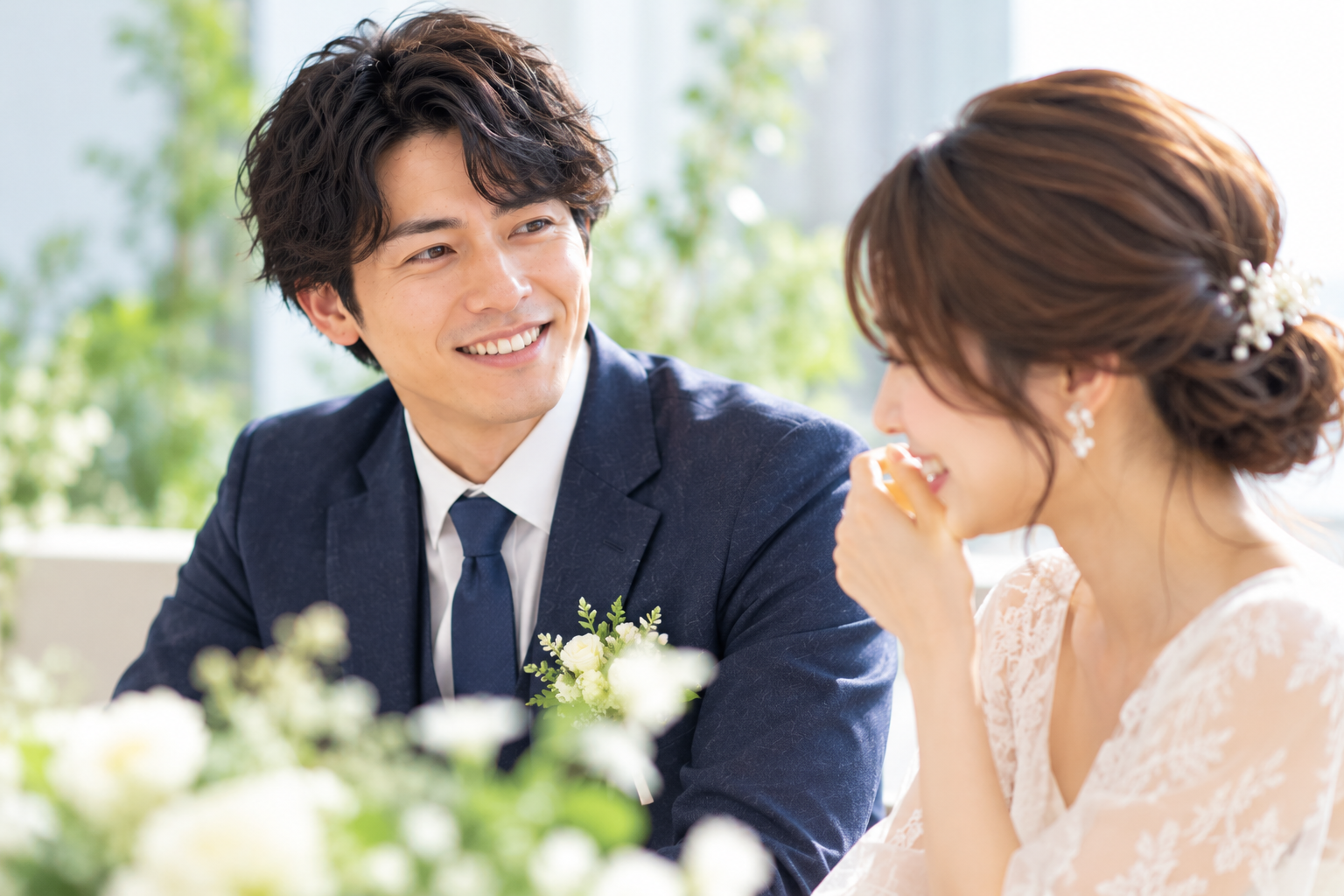 結婚相談所での婚活を経て幸せな結婚を迎え、笑顔で見つめ合う新郎新婦