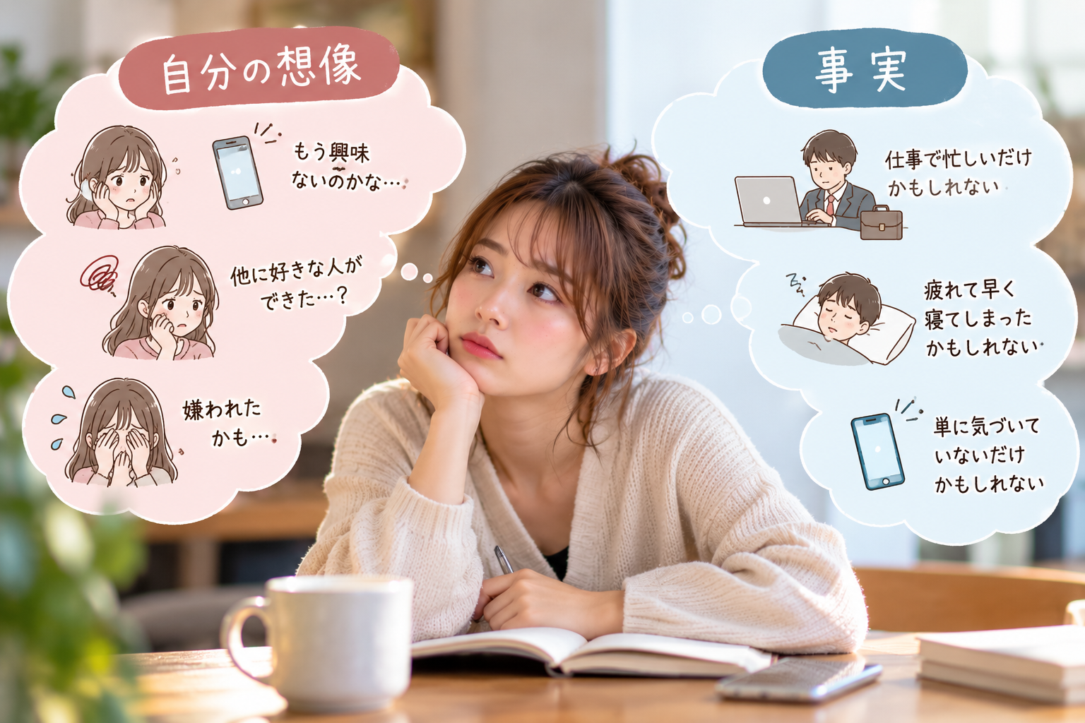 婚活中の女性が、交際相手からのLINEの返信が遅いことについて考えている様子。「嫌われたかもしれない」という不安な想像と、返信が遅い理由にはさまざまな可能性があることを、左右の吹き出しで比較した画像。