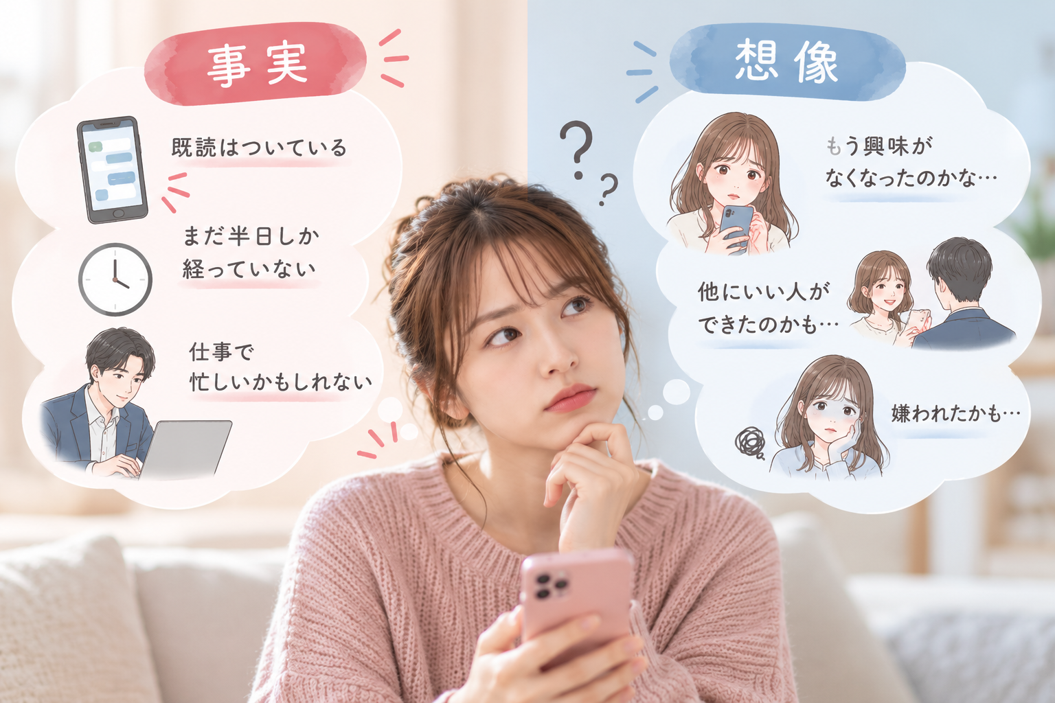 仮交際中のLINEの返信が遅いとき、既読がついているなどの事実と、脈なしや嫌われたかもしれないという想像を分けて考える女性のイメージ