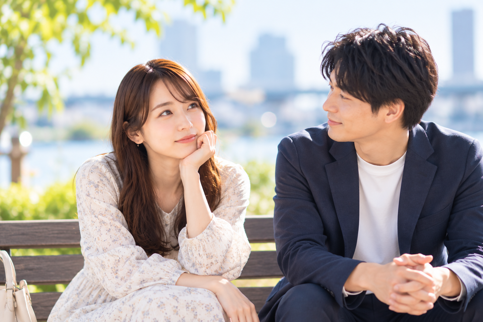 屋外のベンチで隣に座り、将来について考える仮交際中の男女