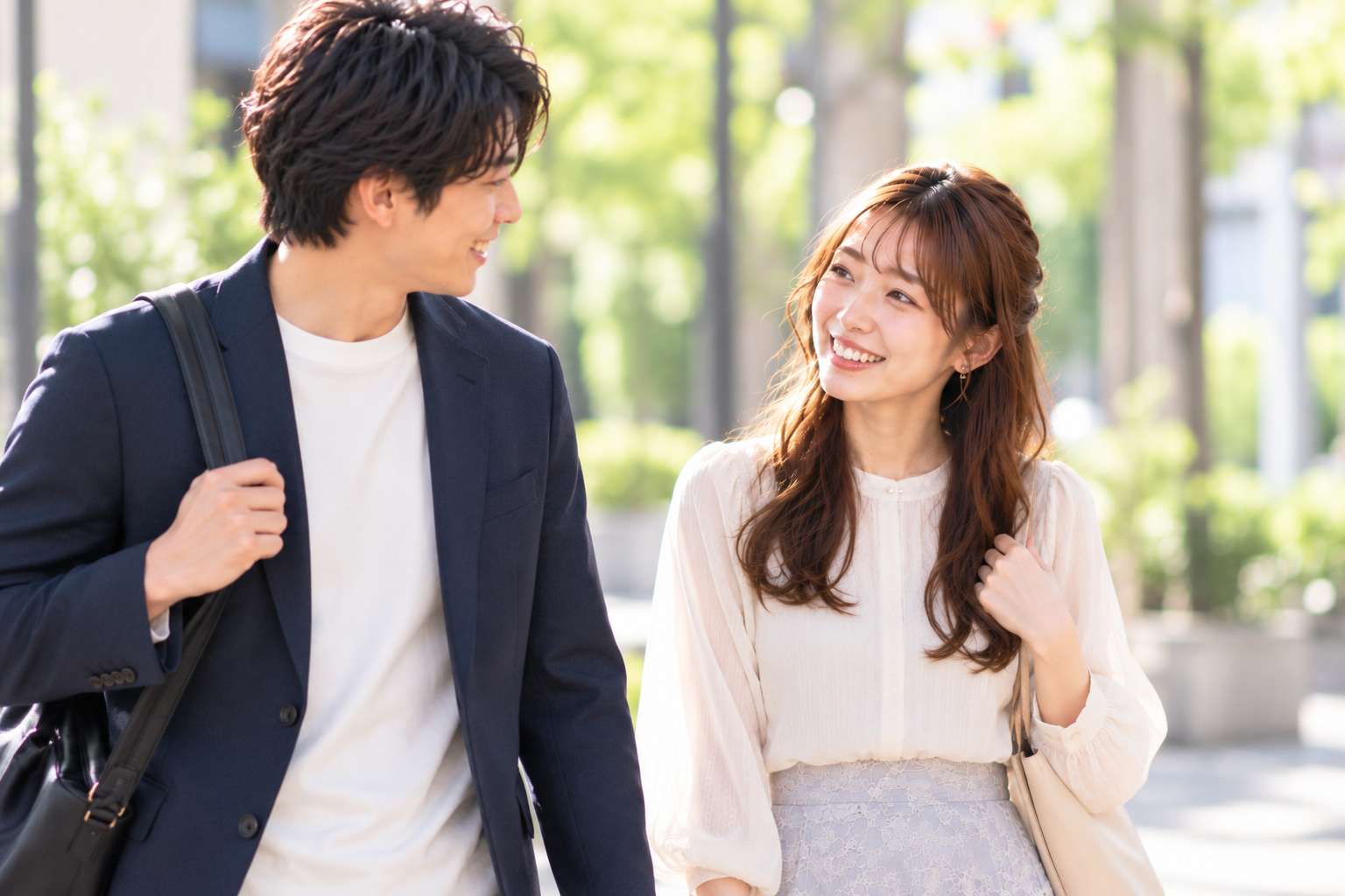 婚活デートで自然に会話しながら歩く男女