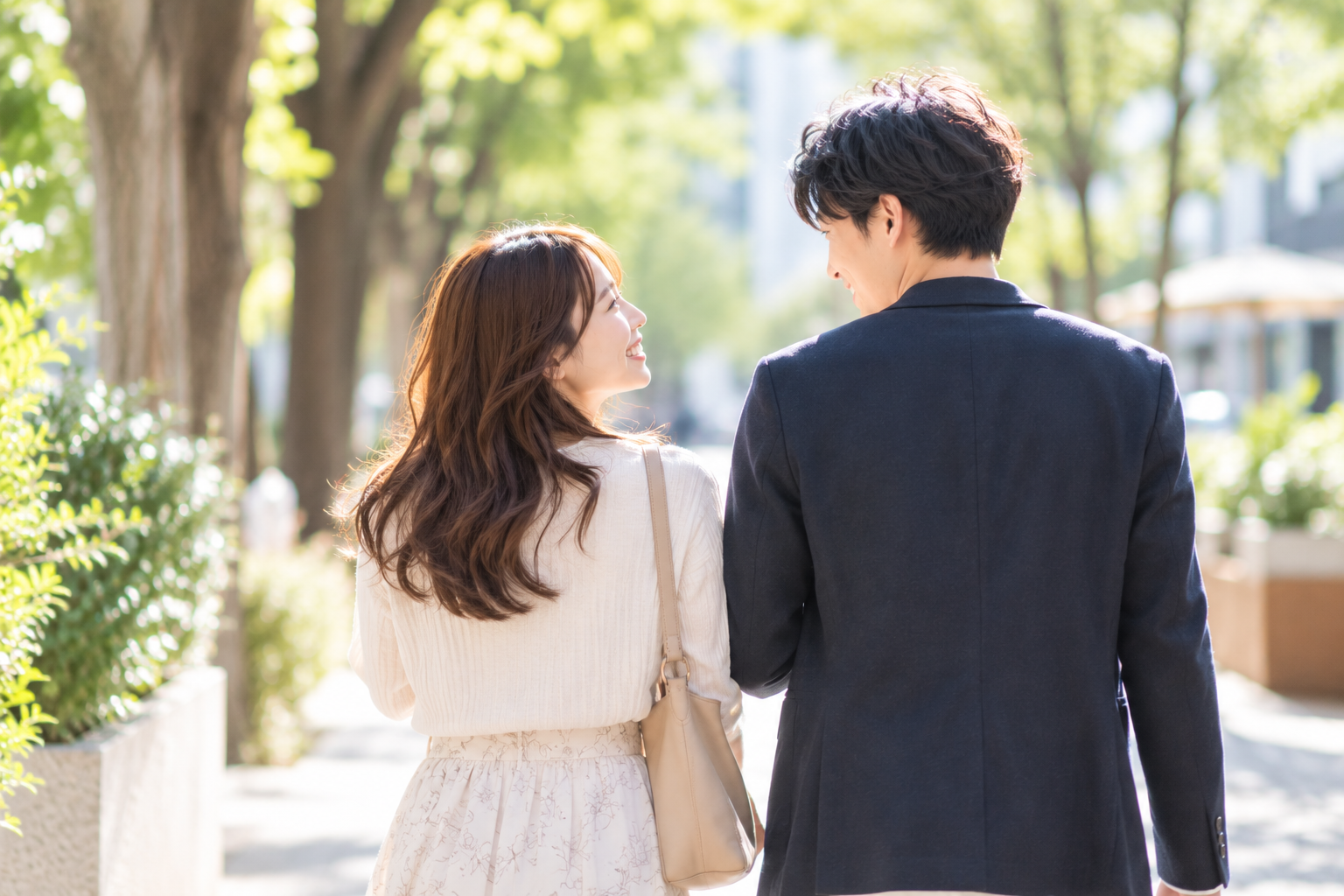 仮交際中の男女が笑顔で会話しながら並んで歩くデート風景。LINEの返信速度だけにとらわれず、実際に会って関係を深めることの大切さを表現したイメージ