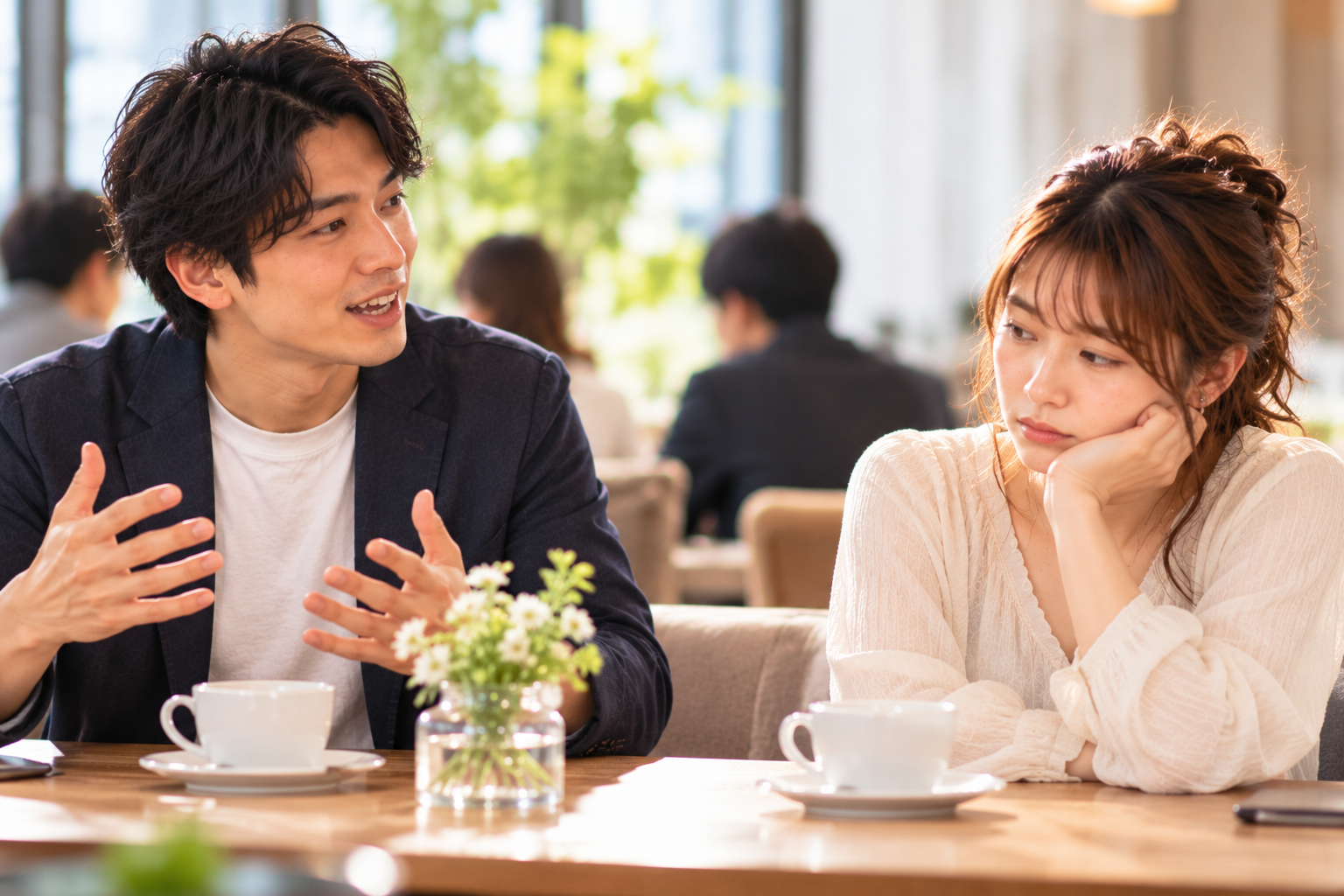 お見合いで男性が一方的に話し続け、会話に疲れている女性