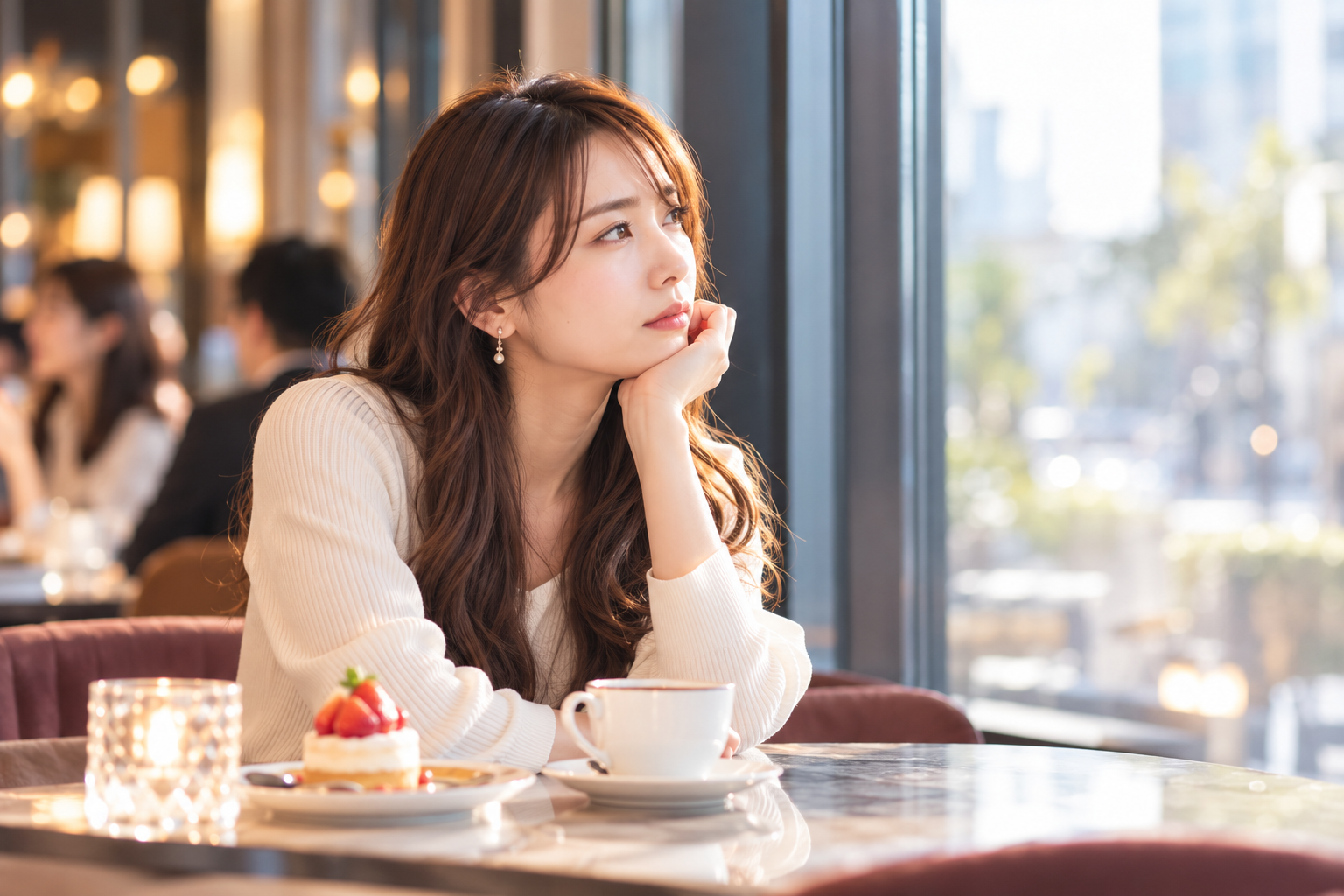 婚活における年齢の影響や将来の結婚について、カフェで一人静かに考える女性