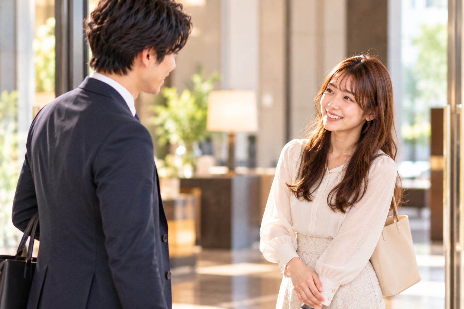 お見合いを終えて笑顔で挨拶を交わす男女