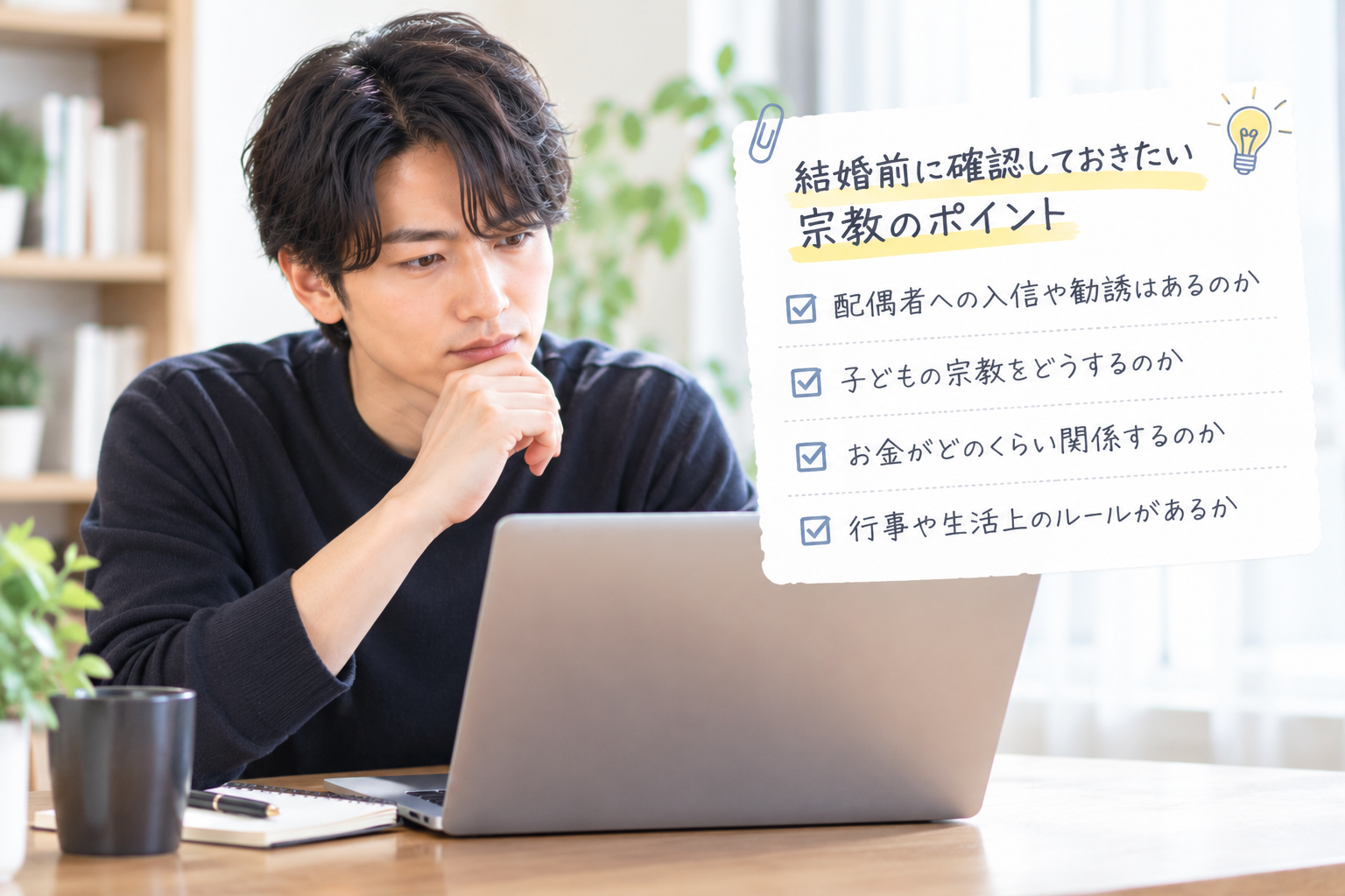 結婚後の生活に親の宗教がどのような影響を与えるのか、パソコンを前に真剣に考える婚活中の男性。入信や子どもへの影響、金銭面など、結婚前に確認すべきことを整理している様子。