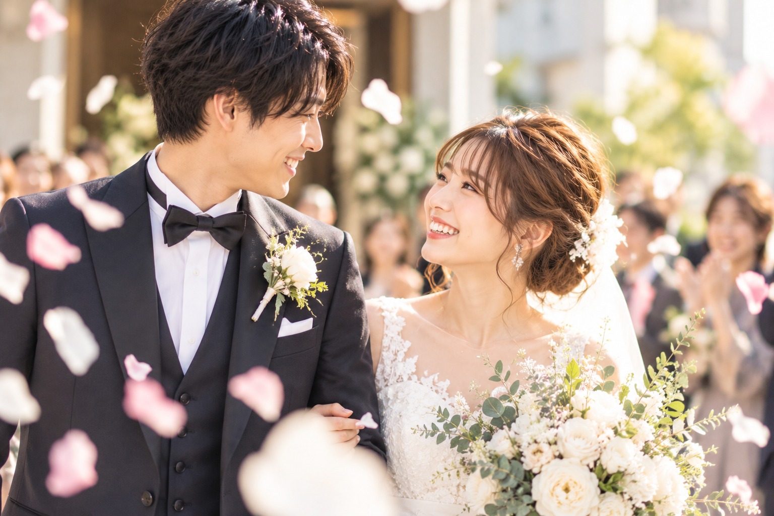 結婚式で幸せそうに見つめ合う新郎新婦。婚活でさまざまな悩みや困難を乗り越え、理想のパートナーと結ばれた女性の幸せな未来を表現した写真風画像。