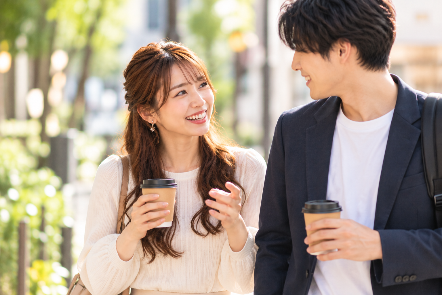 仮交際中の男女が屋外でコーヒーを片手に散歩デートを楽しみ、笑顔で会話を交わしている様子。会う頻度だけでなく、お互いの距離を縮めることの大切さを表現した写真風画像。