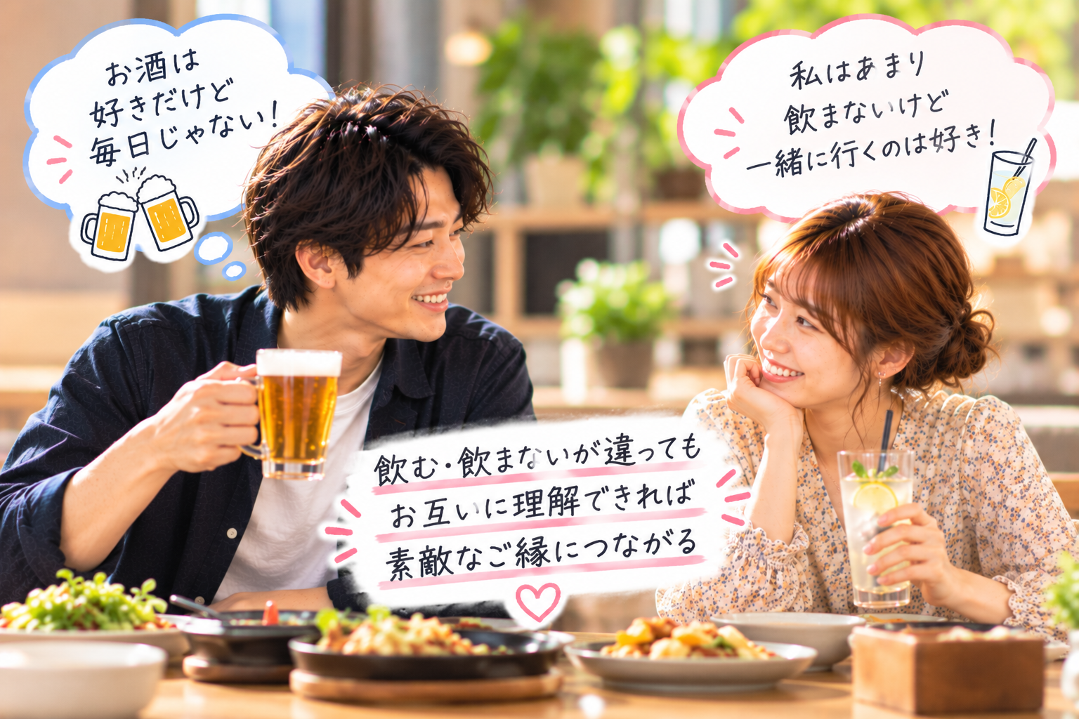 お酒を飲む人と飲まない人がお互いの飲酒習慣を理解して婚活する様子