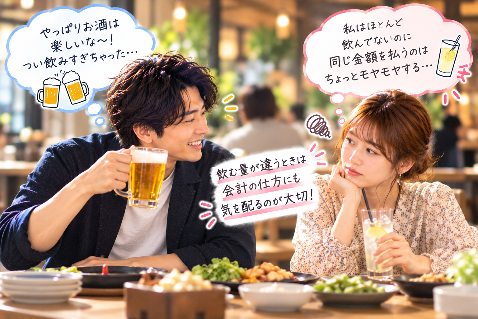 婚活デートで男性だけお酒を飲んだ際の会計について考える男女